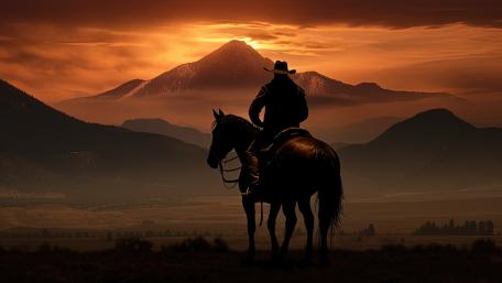 Sunset Sentinel Cowboy on Horseback Above Dreamlike Western Valley wallpaper