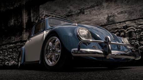 Low Angle Volkswagen Beetle Classic in Moody Urban Shadows wallpaper