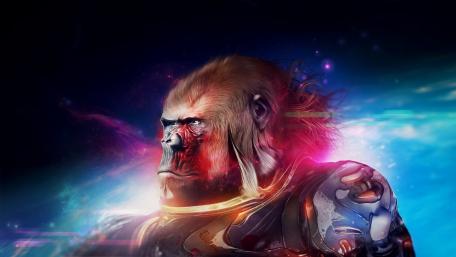 Celestial Gorilla Warrior in Neon Nebula Digital Fantasy Art wallpaper