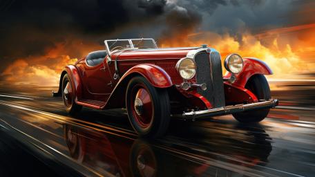 Crimson Vintage Roadster Racing Through Stormlit Skies in Cinematic 5K wallpaper