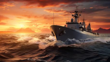 Steel Vanguard Cutting Through Sunset Seas in 5K Naval Glory wallpaper