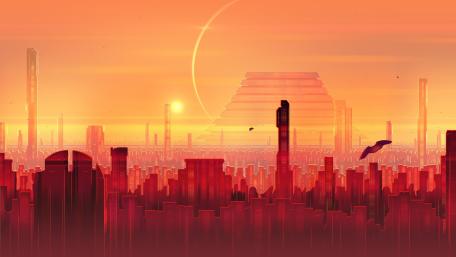 Crimson Sunset Over a Futuristic Fantasy Skyline wallpaper