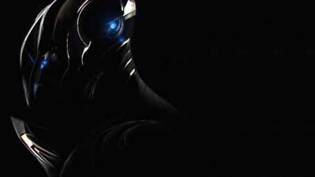 Shadowed Alien Sentinel with Luminous Eyes on Black wallpaper