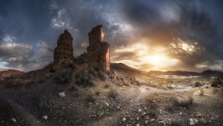 Sunset Over Castle Ruins of Alcalá la Vieja Spain wallpaper
