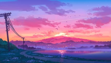 Dreamy Pink Sunset Over Quiet Lake and Distant Mountain wallpaper