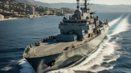Modern Naval Warship Cutting Through Coastal Waters in Crisp 4K wallpaper