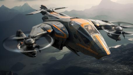 Vanguard Skycutter Over Misty Peaks in Futuristic Flight wallpaper