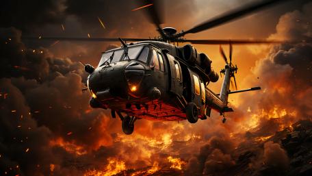 Air Force Helicopter Over Burning Battlefield in Cinematic 5K wallpaper