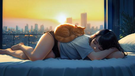 Sunset City Dreams in a Cozy Anime Bedroom wallpaper