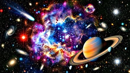Space Stew of Nebula Fire and Ringed Worlds in Deep Cosmos wallpaper