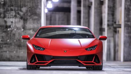 Red Lamborghini Huracan EVO Front View in Industrial Garage 4K wallpaper