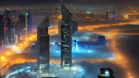 Dubai Skyscrapers Rising Above Misty Evening Fog wallpaper