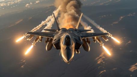 Supersonic Strike Fighter Launching Missiles Over Distant Mountains wallpaper
