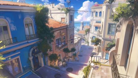 Sunlit Anime Coastal Alleyway in a Mediterranean Cityscape wallpaper