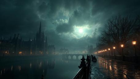 Moonlit Gothic Riverside City Shrouded in Fog and Dread wallpaper