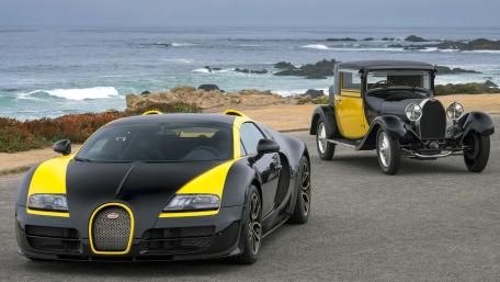 Bugatti Veyron Meets Classic Bugatti by the Ocean Road wallpaper