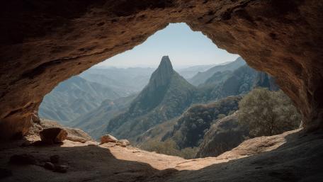 Cave Window Over Badlands Valley and Distant Mountain Peak wallpaper