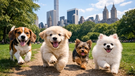 Happy Puppies Racing Through Central Park Under a Bright Skyline wallpaper