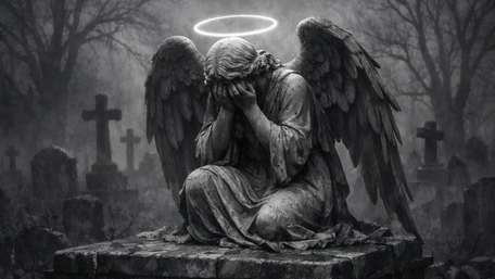 Haloed Sorrow Angel Statue in a Misty Monochrome Graveyard wallpaper
