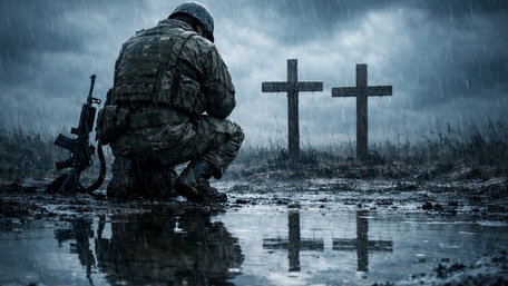 Kneeling Soldier in Rainful Silence Before Fallen Comrades Graves wallpaper