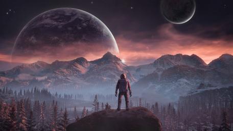 Astronaut at Dawn on an Earthlike World Beneath Twin Moons wallpaper