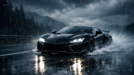 Monochrome Supercar Cutting Through Rain on a Stormy Mountain Road wallpaper