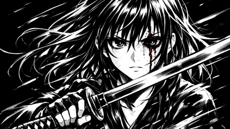 Monochrome Katana Warrior Girl in Storm of Ink and Steel wallpaper