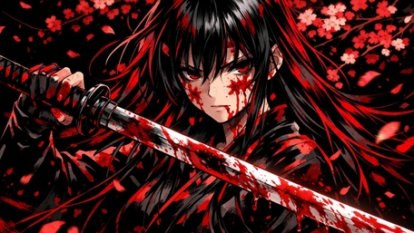Crimson Katana Vigil Under Falling Petals wallpaper