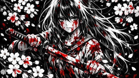 Bloodstained Katana Girl Amid Falling Sakura Shadows wallpaper