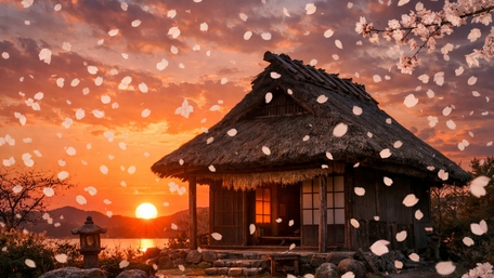 Petal Drift Over a Thatch Roof Cottage at Fiery Sunset wallpaper