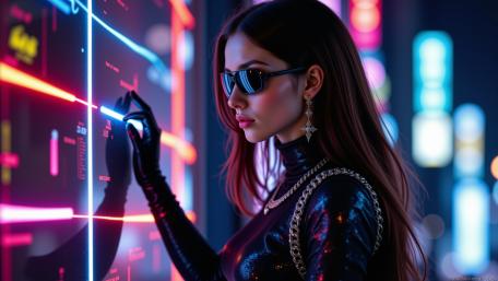 Neon Oracle in Latex Navigating a Cyberpunk Data Wall wallpaper