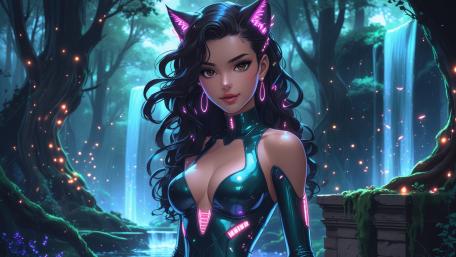 Neon Nekomimi Muse Among Fireflies in a Midnight Forest wallpaper