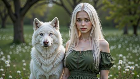 Moonlit Forest Bond Between Silver Haired Guardian and White Wolf wallpaper