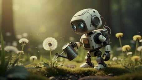 Tiny Robot Watering Dandelion Wishes in a Sunlit Meadow 5K wallpaper