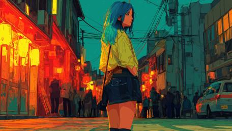 Neon Alley Reverie Blue Haired Anime Girl at Dusk in 4K wallpaper