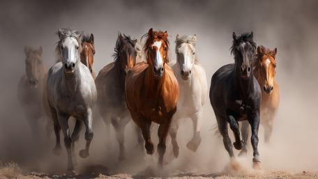 Thundering Mustang Herd Through Dust and Dawn Light wallpaper