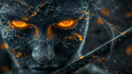 Ember Eyed Demon Stare in Shadowed Ashen Night wallpaper