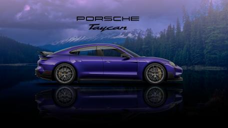 Purple Porsche Taycan Turbo GT Reflected on a Peruvian Mountain Lake wallpaper