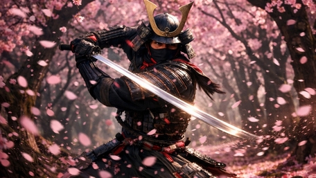 Blossom Storm Samurai With Katana in a Enchanted Sakura Grove wallpaper