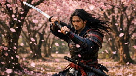 Samurai Guardian Under Sakura Storm With Raised Katana wallpaper