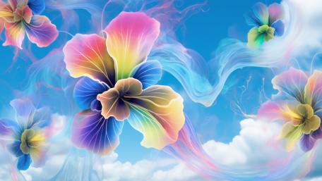 Ethereal Rainbow Blossoms Drifting Through Sky Blue Mist wallpaper
