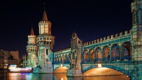 Oberbaum Bridge Night Lights Over the Spree River Berlin wallpaper