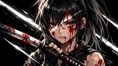 Bloodstained Katana Warrior Girl in Shadowed Rain wallpaper
