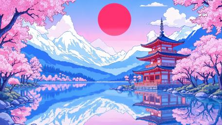 Pagoda Reflections Under a Crimson Sun in Pink Valley Serenity wallpaper