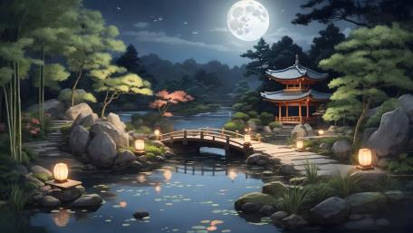 Moonlit Garden Bridge Reflections in Tranquil Oriental Nightscape wallpaper
