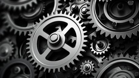 Interlocking Metallic Gears in Crisp 4K Machine Aesthetic wallpaper