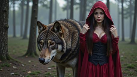 Scarlet Hooded Huntress and Loyal Wolf in Misty Forest wallpaper