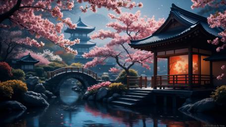 Cherry Blossom Dusk Over Tranquil Pagoda Stream wallpaper