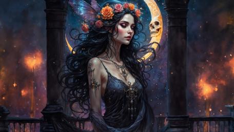 Crescent Queen of Night Roses and Whispering Myth wallpaper