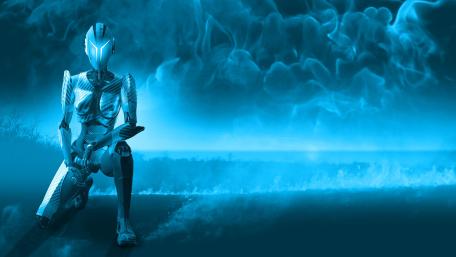 Neon Sentinel Android Amid Blue Smoke and Distant Storm wallpaper